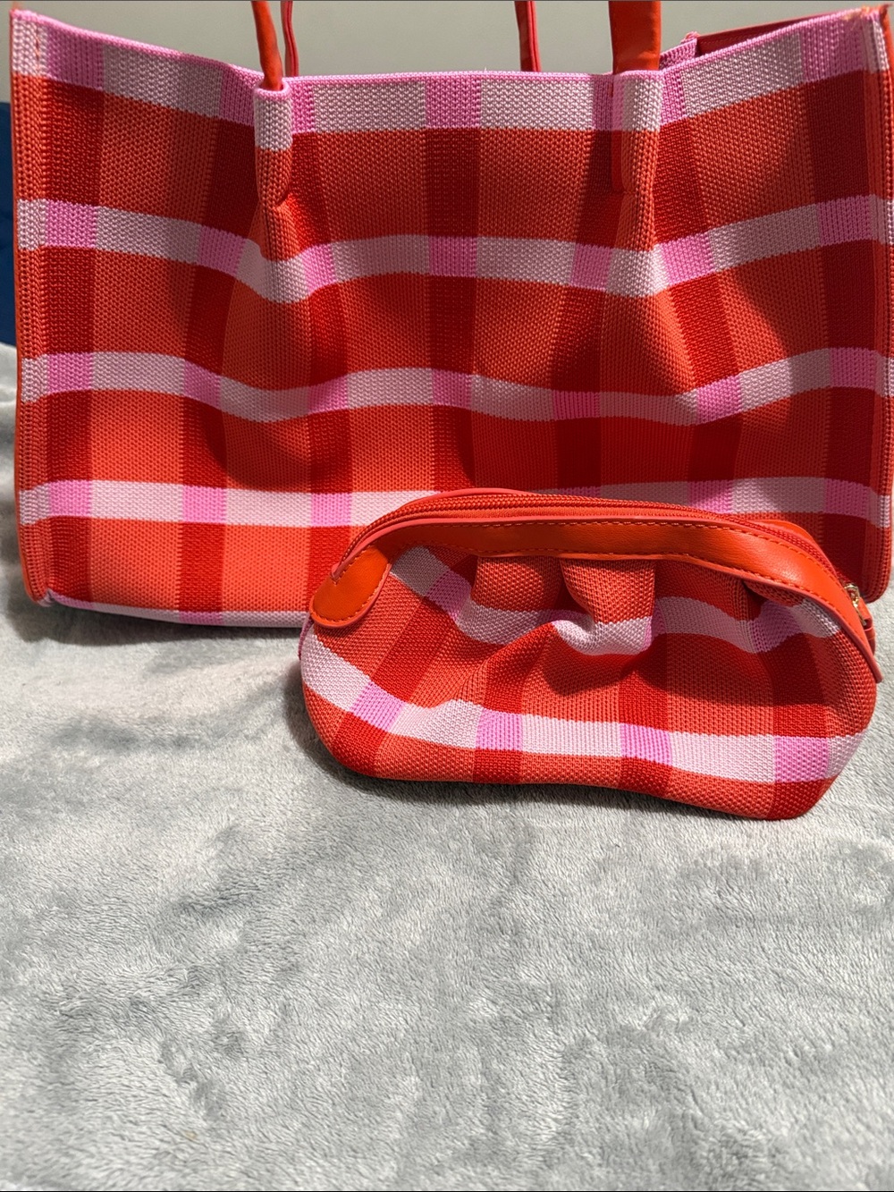 Nordstrom Red and Pink Checkered Tote with Matching Pouch
